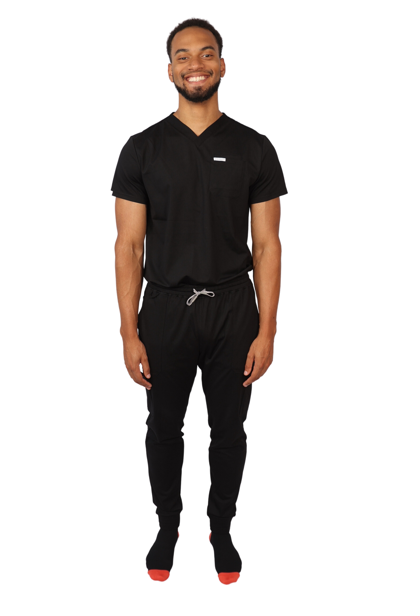 medical work uniform Scrubmates modern fit jogger black scrub pants for men made to pair perfectly with our modern fit scrub top. Our exclusive design is on trend, professional and stylish. Made from a superior quality nylon/rayon/spandex fabric mix, this set offers unparalleled all-day comfort and the ultimate amount of stretch. Our thoughtful and innovative design offers 8 deep pants pockets. best scrubs for men figs scrubs