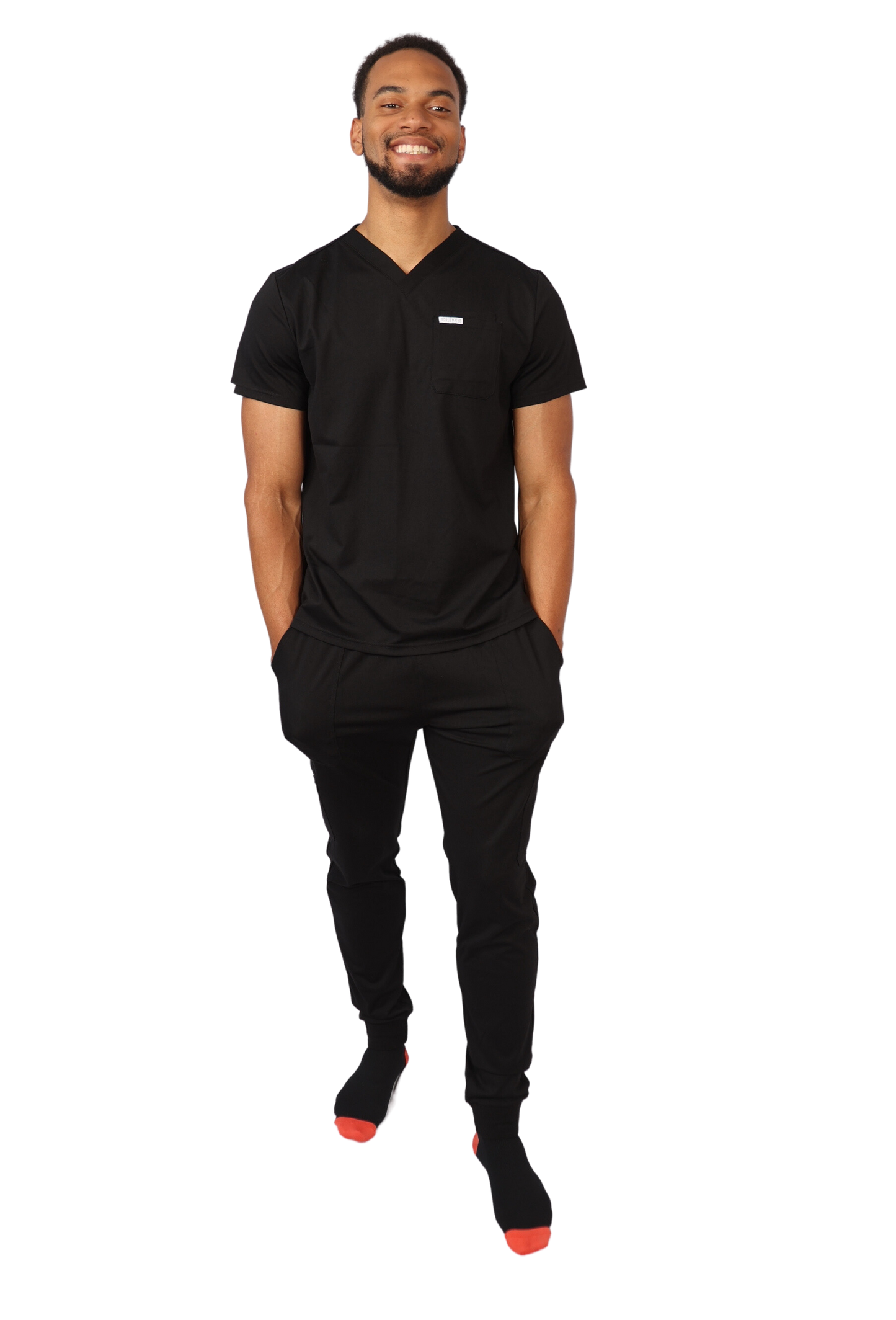 medical work uniform Scrubmates modern fit jogger black scrub pants for men made to pair perfectly with our modern fit scrub top. Our exclusive design is on trend, professional and stylish. Made from a superior quality nylon/rayon/spandex fabric mix, this set offers unparalleled all-day comfort and the ultimate amount of stretch. Our thoughtful and innovative design offers 8 deep pants pockets. best scrubs for men figs scrubs