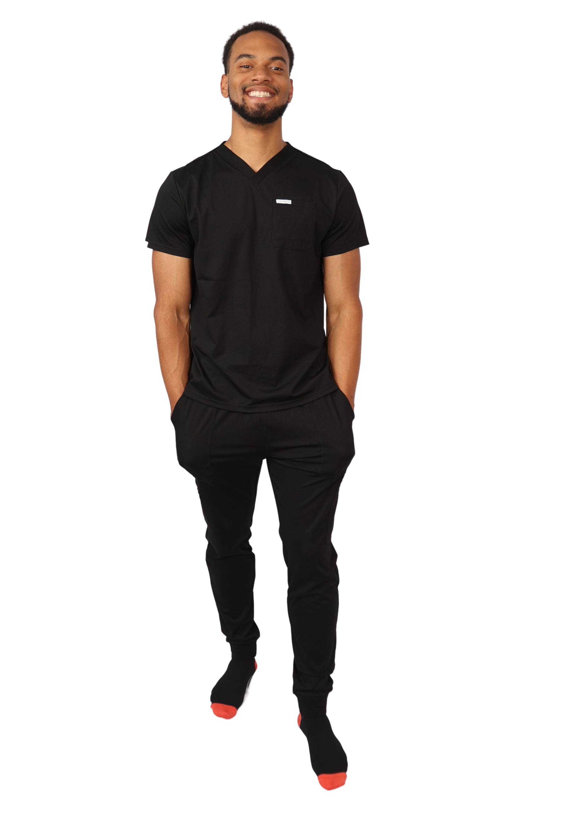 medical work uniform Scrubmates modern fit black scrub top for men made to pair perfectly with our modern fit jogger pants. Our exclusive design is on trend, professional and stylish. Made from a superior quality nylon/rayon/spandex fabric mix, this top offers unparalleled all-day comfort and the ultimate amount of stretch. Our thoughtful and innovative design offers 2 chest pockets and a pen pocket best scrubs for men figs scrubs