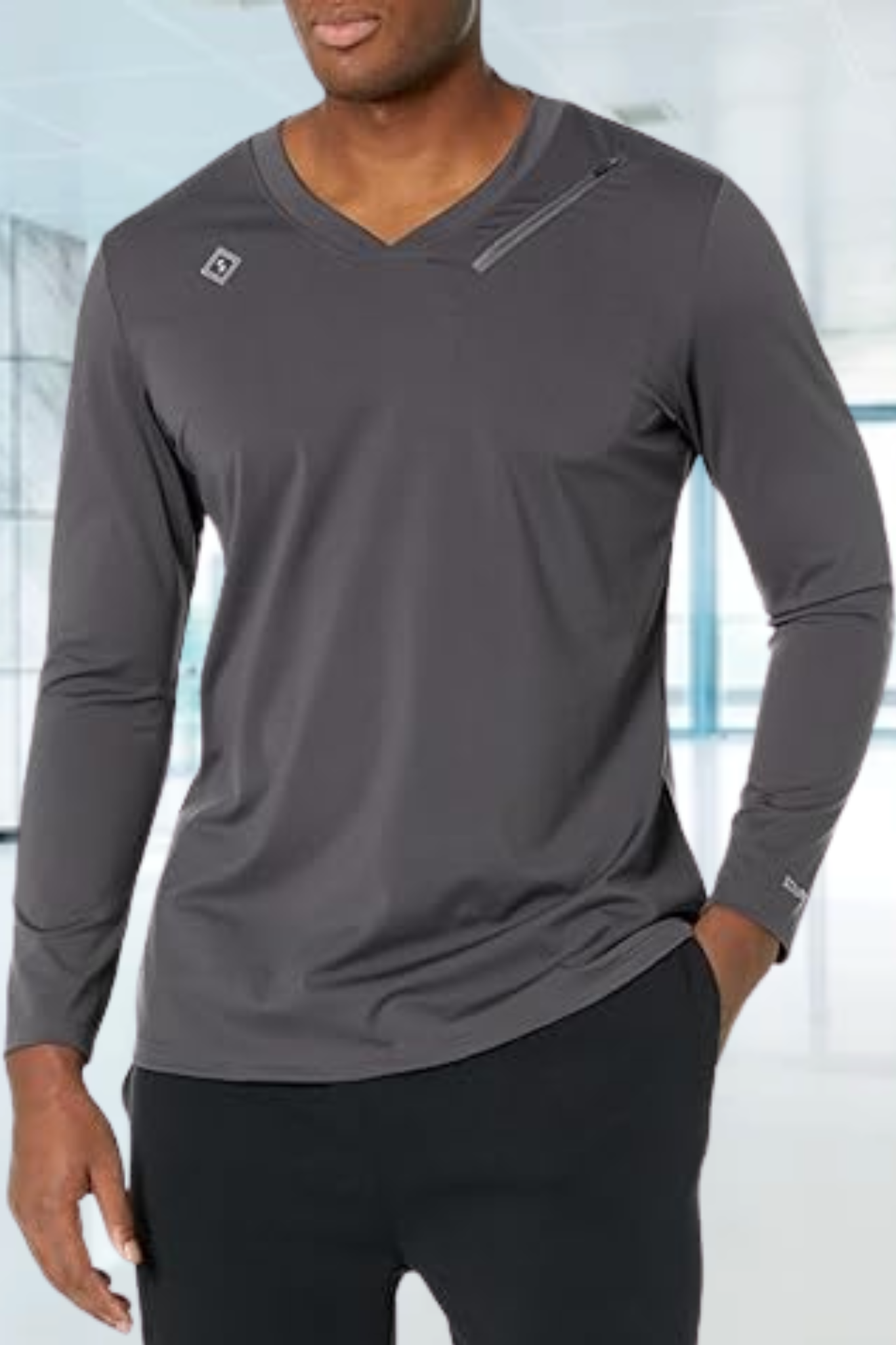 Scrubmates Long Sleeve Under Scrub V-Neck Tee Shirt for Men with Zippered Chest Pocket
