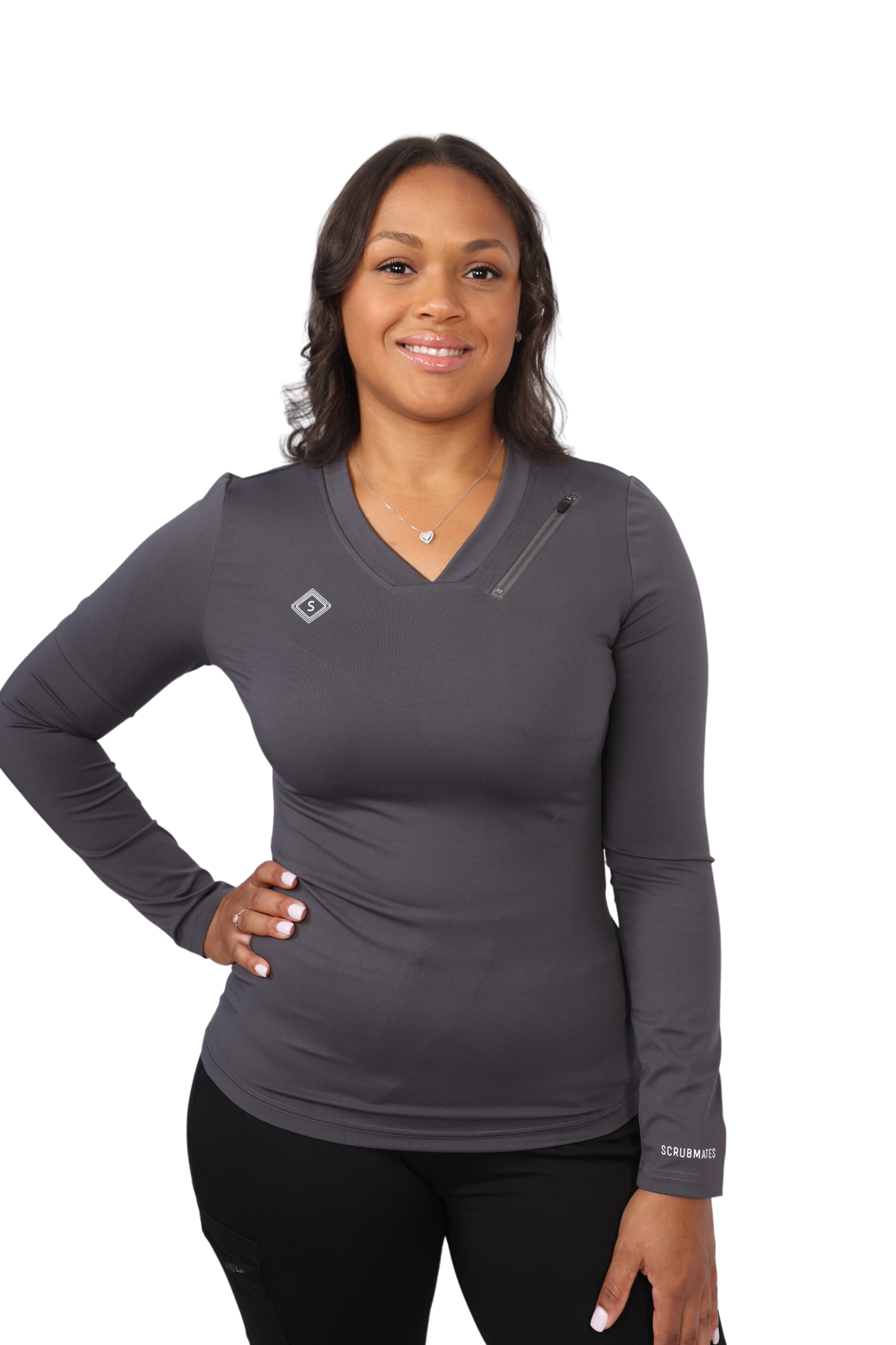 Scrubmates Long Sleeve Under Scrub V-Neck Shirt for Women with Zippered Chest Pocket
