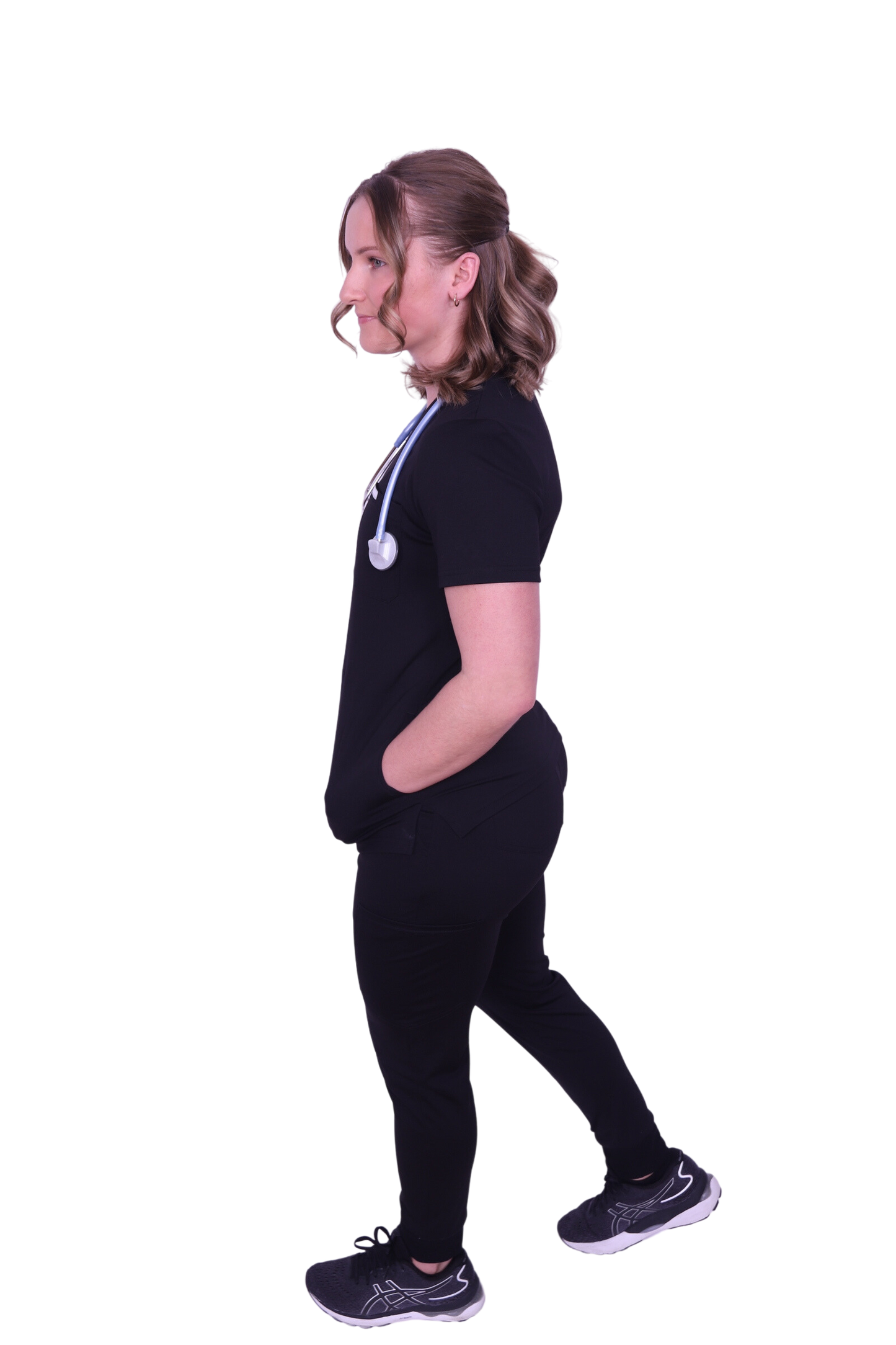 medical work uniform Scrubmates modern fit jogger black scrub pants for women made to pair perfectly with our modern fit jogger pants. Our exclusive design is on trend, professional and stylish. Made from a superior quality nylon/rayon/spandex fabric mix, this set offers unparalleled all-day comfort. Our luxe fabric blend offers the ultimate amount of stretch, and is designed to be flattering at every angle innovative design offers a chest pocket and 2 kangaroo pockets best scrub set for women figs scrubs