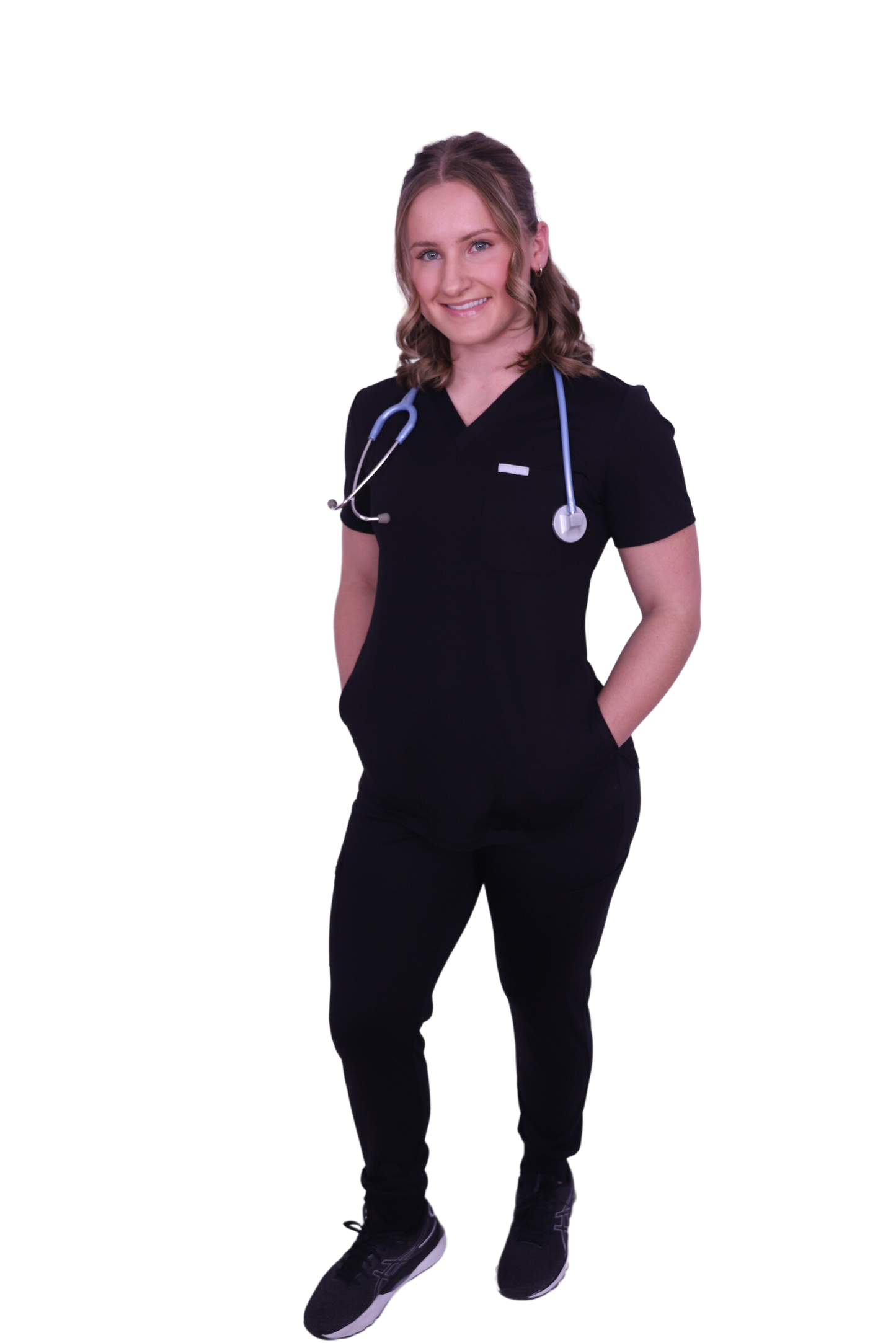 medical work uniform Scrubmates modern fit jogger black scrub pants for women made to pair perfectly with our modern fit jogger pants. Our exclusive design is on trend, professional and stylish. Made from a superior quality nylon/rayon/spandex fabric mix, this set offers unparalleled all-day comfort. Our luxe fabric blend offers the ultimate amount of stretch, and is designed to be flattering at every angle innovative design offers a chest pocket and 2 kangaroo pockets best scrub set for women figs scrubs