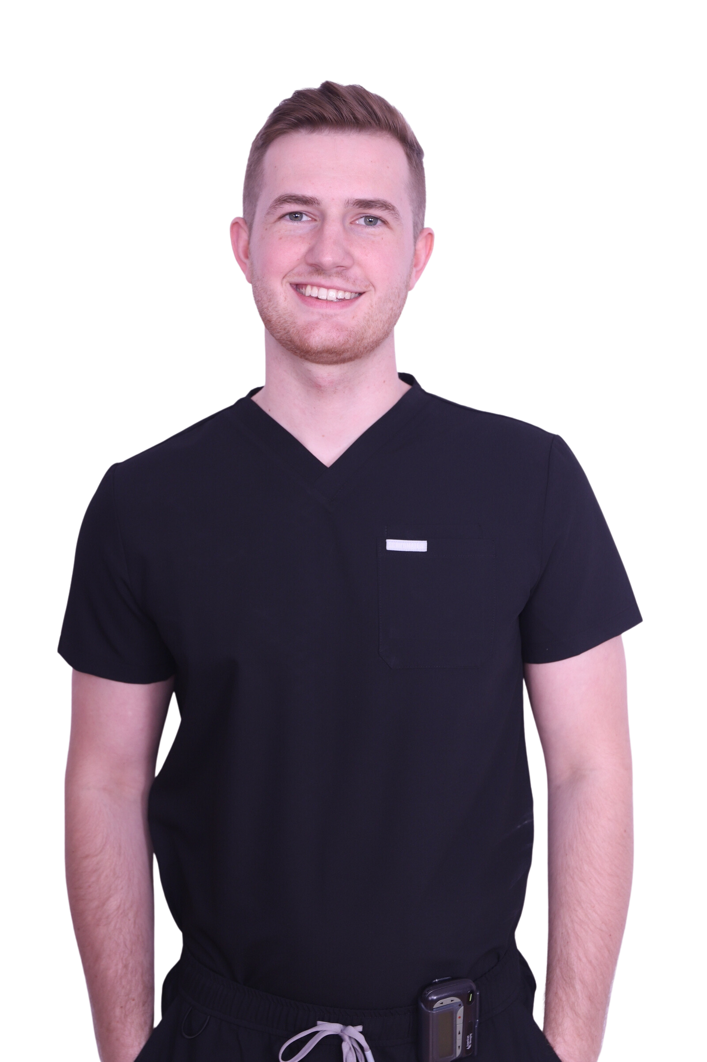 Elevate your work collection with the Scrubmates black classic scrub top for men made to pair perfectly with our classic straight leg pants. Our exclusive design is trend-forward while still delivering timeless and professional style. Made from a superior quality polyester/rayon/spandex fabric blend, this set offers unparalleled all-day comfort and allows for ease of movement. Our thoughtful and innovative design offers 2 chest pockets as well as a pen pocket.best scrubs for men figs scrubs