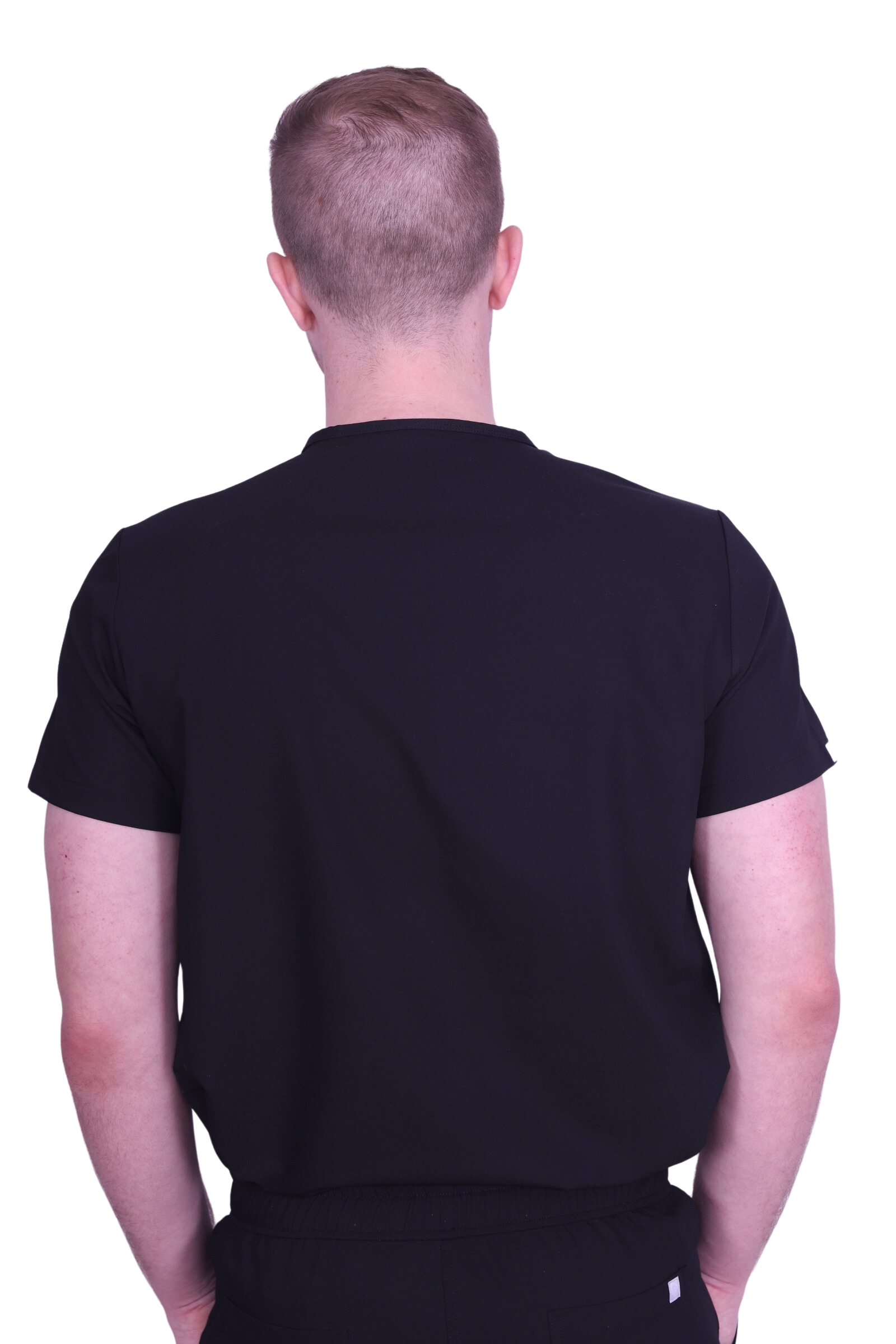Elevate your work collection with the Scrubmates black classic scrub top for men made to pair perfectly with our classic straight leg pants. Our exclusive design is trend-forward while still delivering timeless and professional style. Made from a superior quality polyester/rayon/spandex fabric blend, this set offers unparalleled all-day comfort and allows for ease of movement. Our thoughtful and innovative design offers 2 chest pockets as well as a pen pocket. best scrubs for men figs scrubs