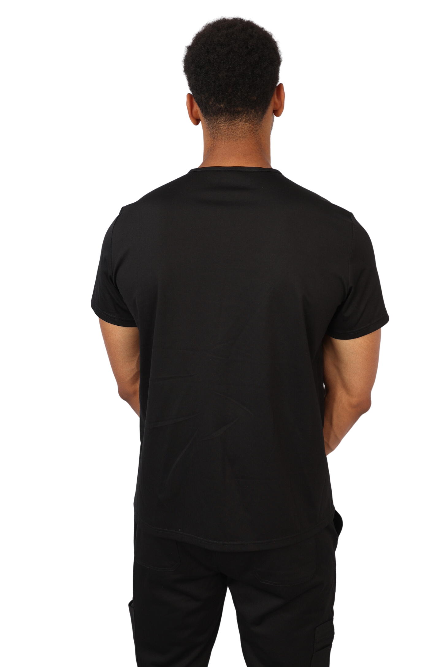 medical work uniform Scrubmates modern fit black scrub top for men made to pair perfectly with our modern fit jogger pants. Our exclusive design is on trend, professional and stylish. Made from a superior quality nylon/rayon/spandex fabric mix, this top offers unparalleled all-day comfort and the ultimate amount of stretch. Our thoughtful and innovative design offers 2 chest pockets and a pen pocket best scrubs for men figs scrubs