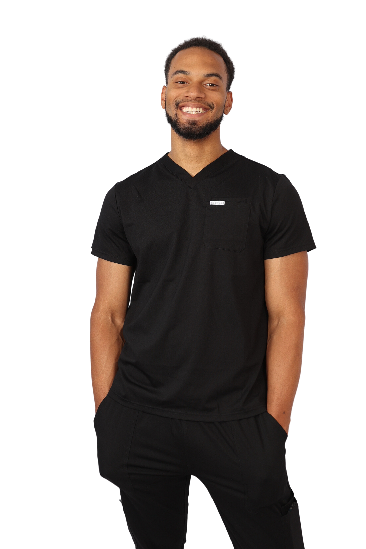 medical work uniform Scrubmates modern fit black scrub top for men made to pair perfectly with our modern fit jogger pants. Our exclusive design is on trend, professional and stylish. Made from a superior quality nylon/rayon/spandex fabric mix, this top offers unparalleled all-day comfort and the ultimate amount of stretch. Our thoughtful and innovative design offers 2 chest pockets and a pen pocket best scrubs for men figs scrubs