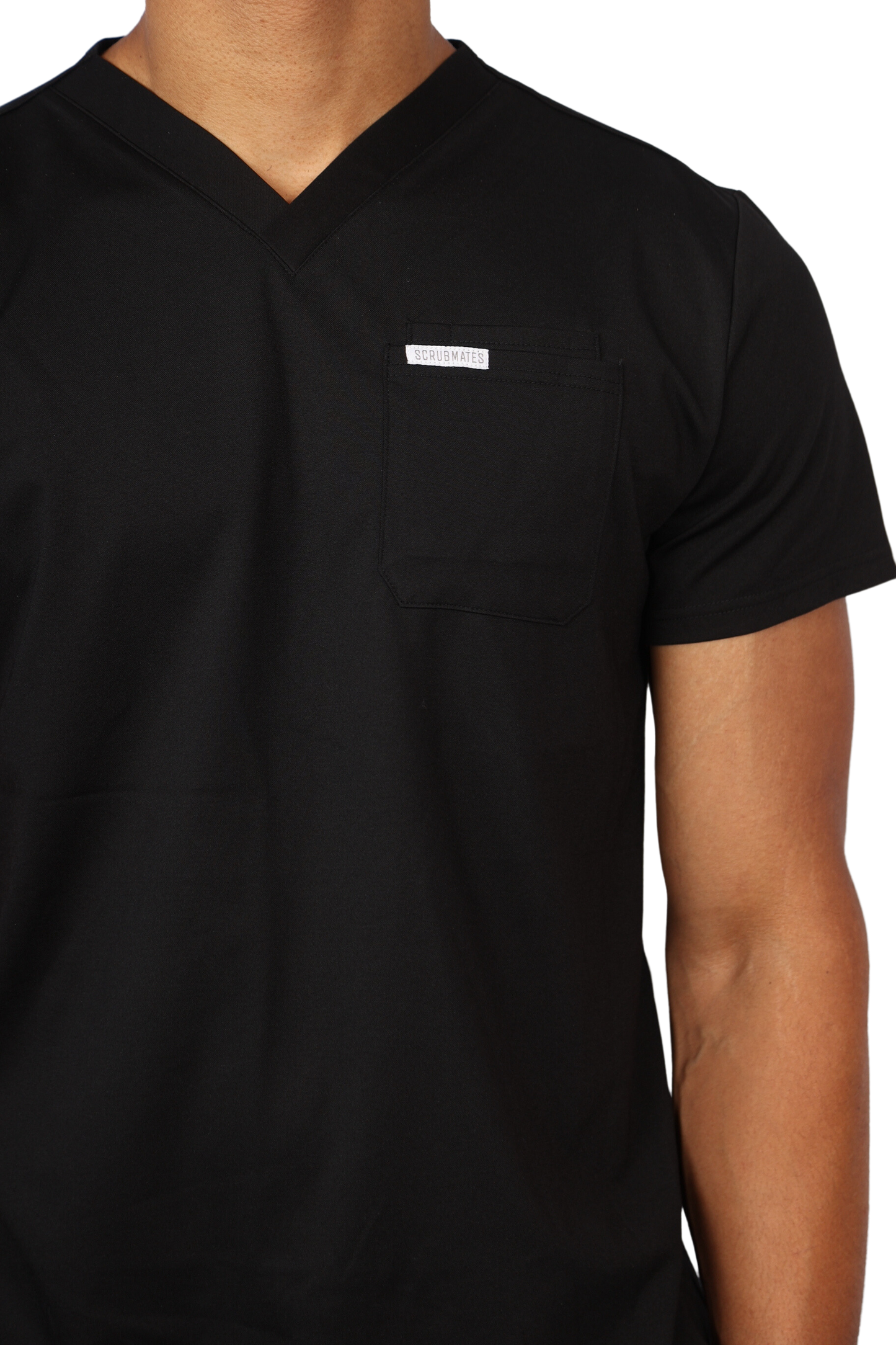 medical work uniform Scrubmates modern fit black scrub top for men made to pair perfectly with our modern fit jogger pants. Our exclusive design is on trend, professional and stylish. Made from a superior quality nylon/rayon/spandex fabric mix, this top offers unparalleled all-day comfort and the ultimate amount of stretch. Our thoughtful and innovative design offers 2 chest pockets and a pen pocket best scrubs for men figs scrubs