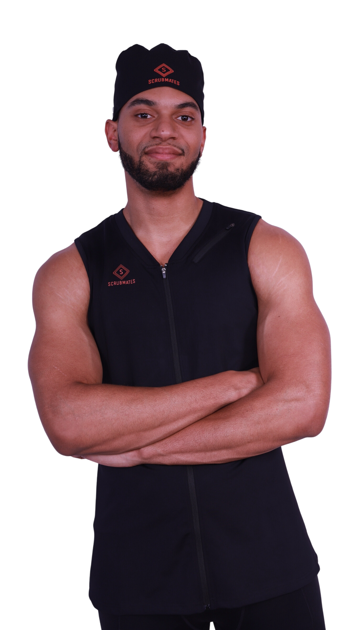 Scrubmates unisex logo scrub hat for men and women with modern, classic fit and sweat band with adjustable tieback. Made to protect your hair as well as provide all day comfort black