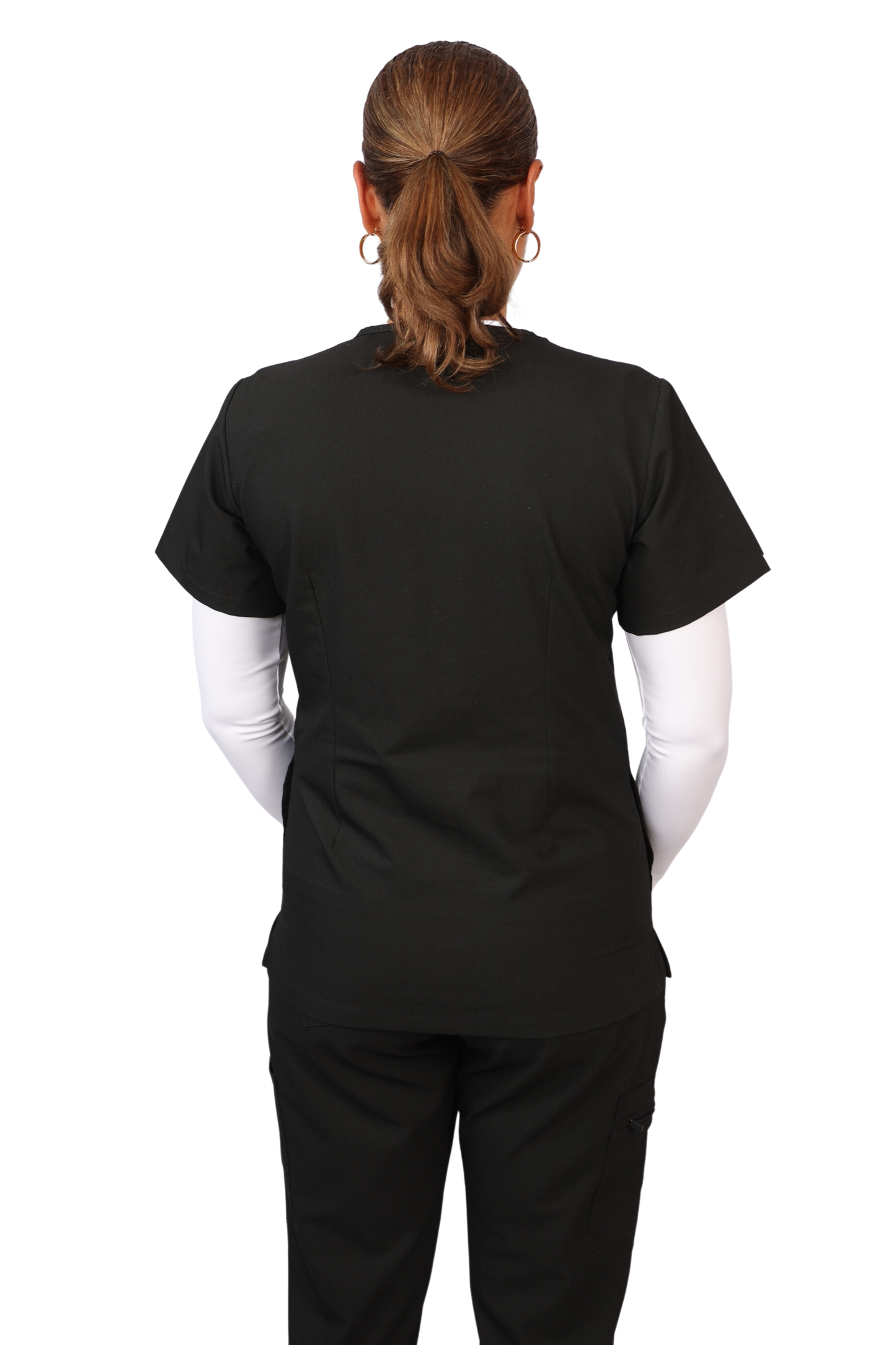 Elevate your work collection with the Scrubmates classic black scrub top for women made to pair perfectly with our classic straight leg pants.  Our exclusive design is trend-forward while still delivering timeless and professional style. Made from a superior quality polyester/rayon/spandex fabric mix, this top offers unparalleled all-day comfort. Our thoughtful and innovative design offers a chest pocket and 2 kangaroo pockets best scrubs for women figs scrubs