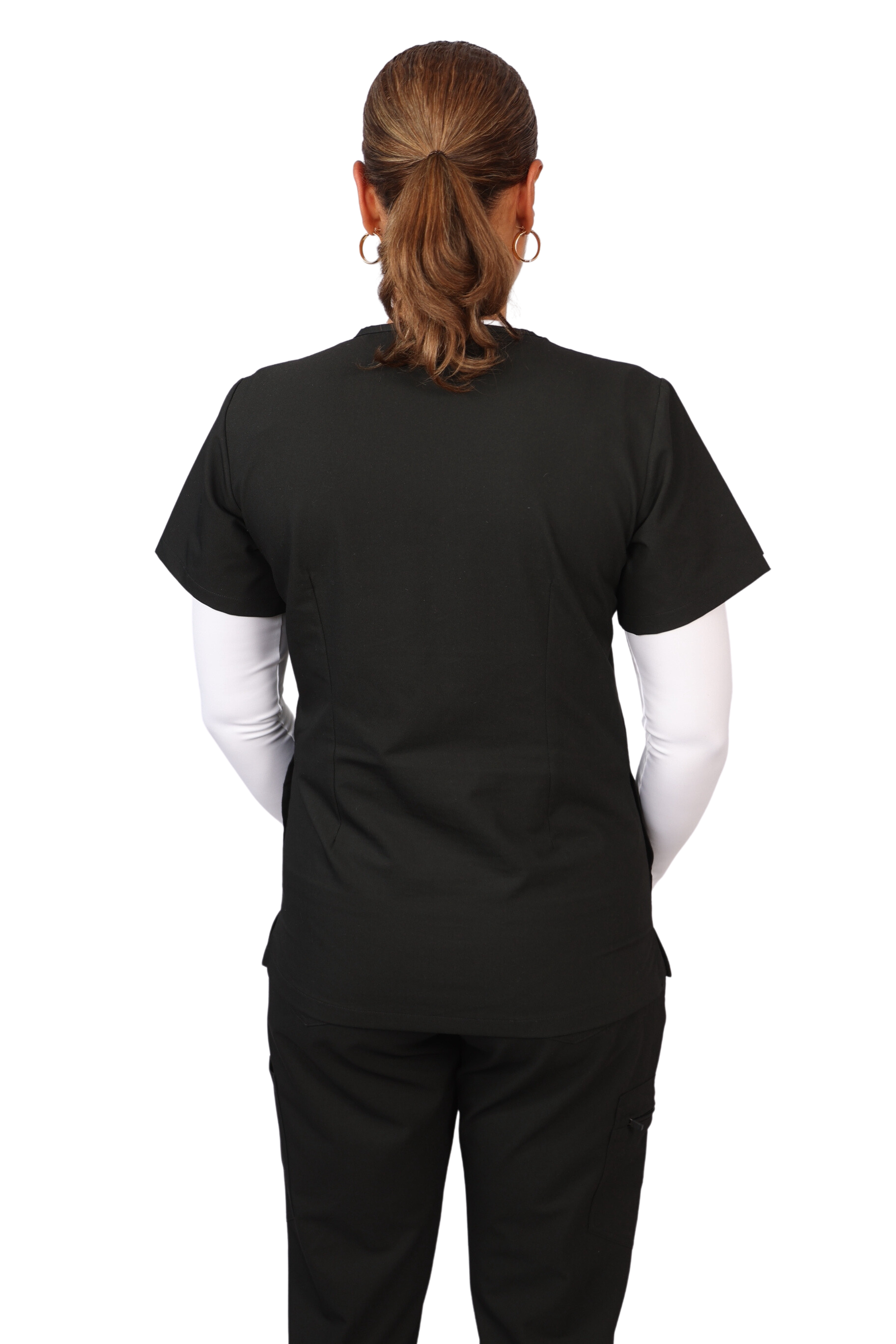 Elevate your work collection with the Scrubmates classic black scrub top for women made to pair perfectly with our classic straight leg pants.  Our exclusive design is trend-forward while still delivering timeless and professional style. Made from a superior quality polyester/rayon/spandex fabric mix, this top offers unparalleled all-day comfort. Our thoughtful and innovative design offers a chest pocket and 2 kangaroo pockets best scrubs for women figs scrubs