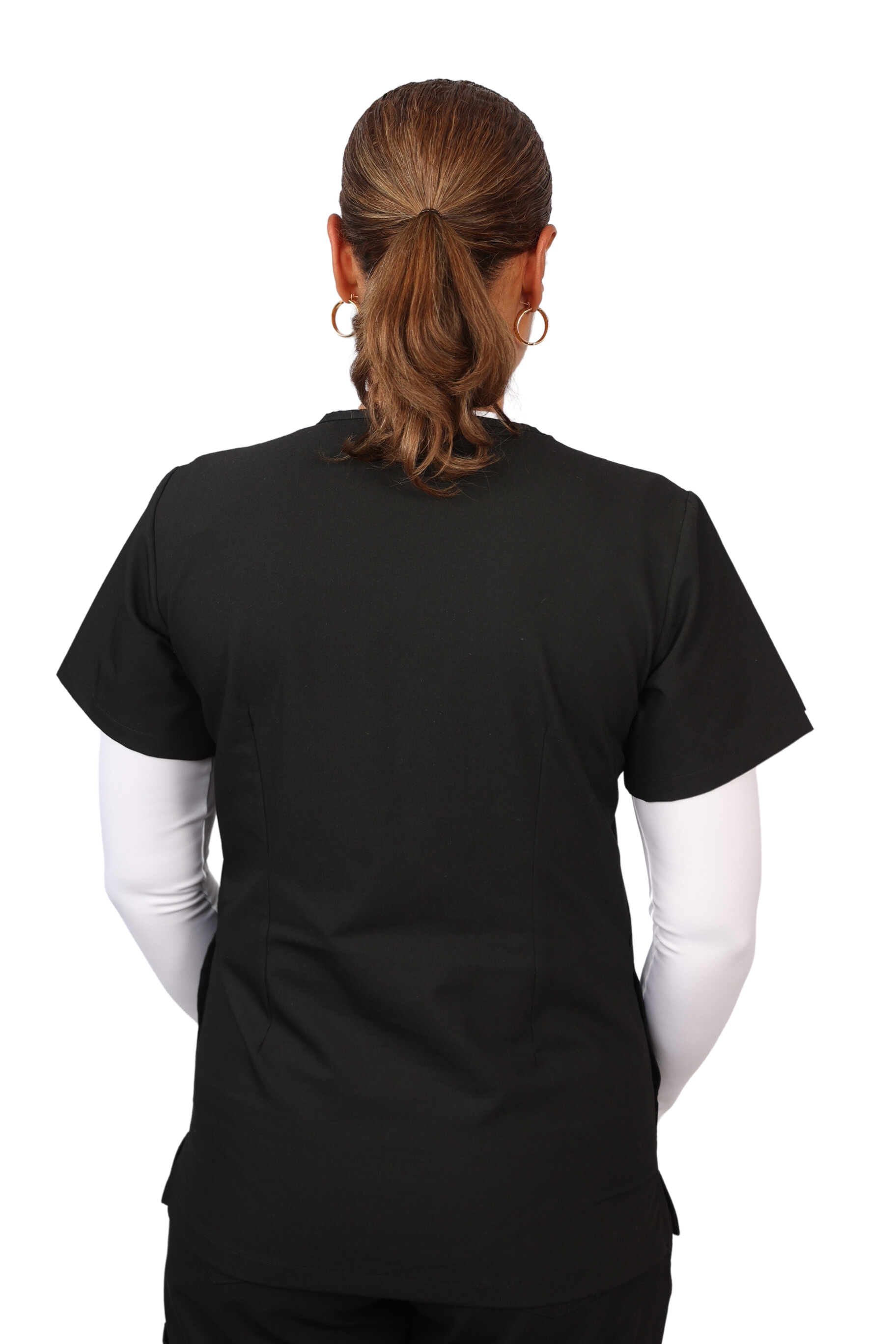 Elevate your work collection with the Scrubmates classic black scrub top for women made to pair perfectly with our classic straight leg pants.  Our exclusive design is trend-forward while still delivering timeless and professional style. Made from a superior quality polyester/rayon/spandex fabric mix, this top offers unparalleled all-day comfort. Our thoughtful and innovative design offers a chest pocket and 2 kangaroo pockets best scrubs for women figs scrubs