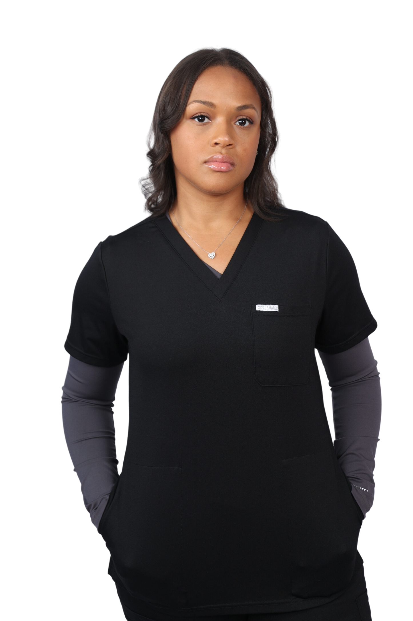 medical work uniform Scrubmates modern fit jogger black scrub pants for women made to pair perfectly with our modern fit jogger pants. Our exclusive design is on trend, professional and stylish. Made from a superior quality nylon/rayon/spandex fabric mix, this set offers unparalleled all-day comfort. Our luxe fabric blend offers the ultimate amount of stretch, and is designed to be flattering at every angle innovative design offers a chest pocket and 2 kangaroo pockets best scrub set for women figs scrubs