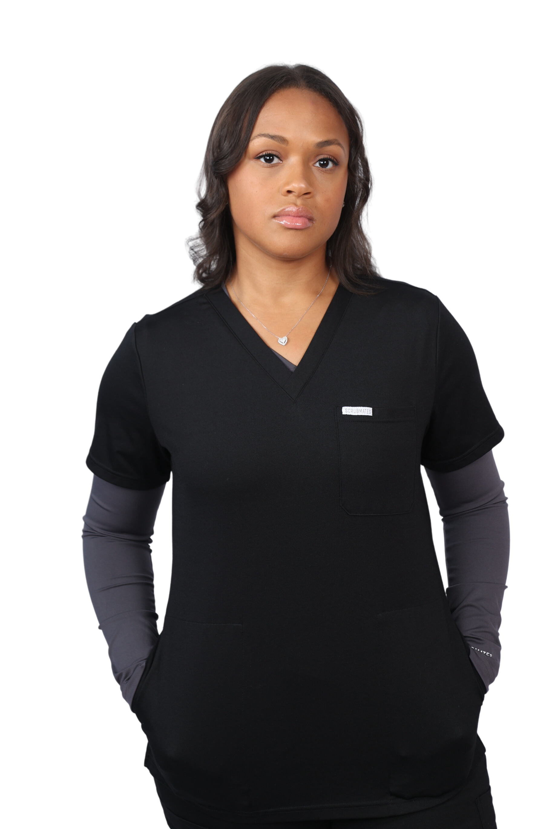 medical work uniform Scrubmates modern fit jogger black scrub pants for women made to pair perfectly with our modern fit jogger pants. Our exclusive design is on trend, professional and stylish. Made from a superior quality nylon/rayon/spandex fabric mix, this set offers unparalleled all-day comfort. Our luxe fabric blend offers the ultimate amount of stretch, and is designed to be flattering at every angle innovative design offers a chest pocket and 2 kangaroo pockets best scrub set for women figs scrubs