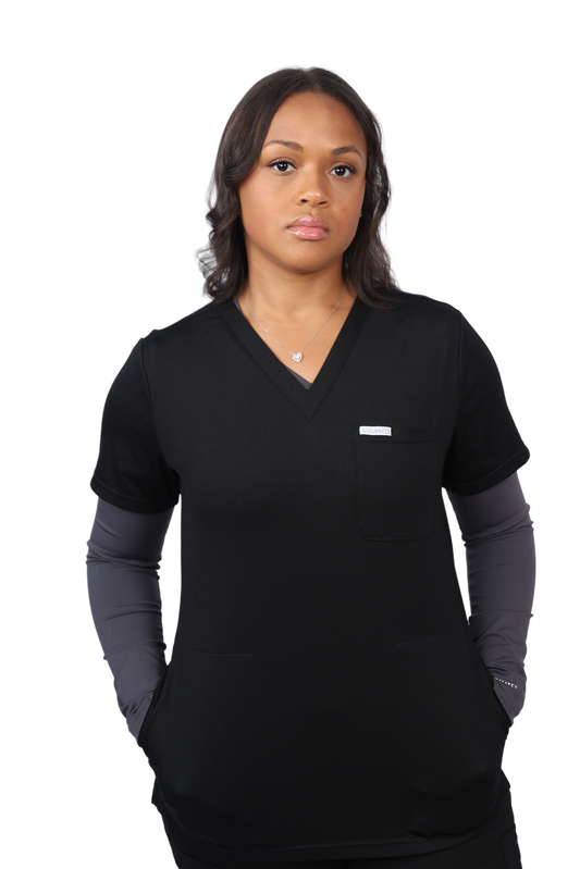medical work uniform Scrubmates modern fit jogger black scrub pants for women made to pair perfectly with our modern fit jogger pants. Our exclusive design is on trend, professional and stylish. Made from a superior quality nylon/rayon/spandex fabric mix, this set offers unparalleled all-day comfort. Our luxe fabric blend offers the ultimate amount of stretch, and is designed to be flattering at every angle innovative design offers a chest pocket and 2 kangaroo pockets best scrub set for women figs scrubs