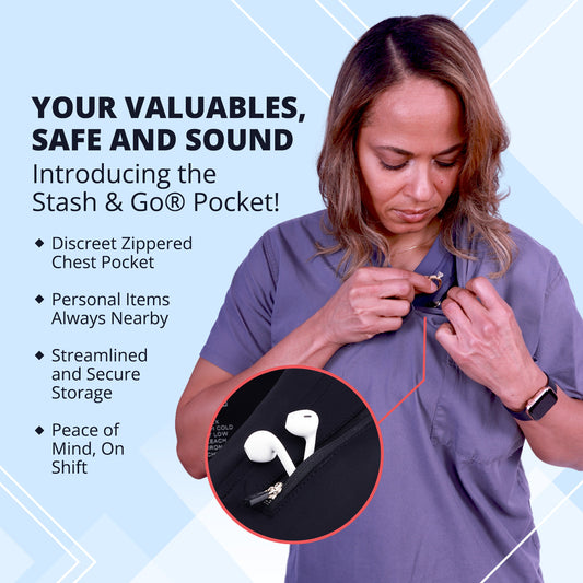Scrubmates underscrubs secure zippered chest pocket to safely store your wedding ring while scrubbed in the operating room working out at the gym or target shooting