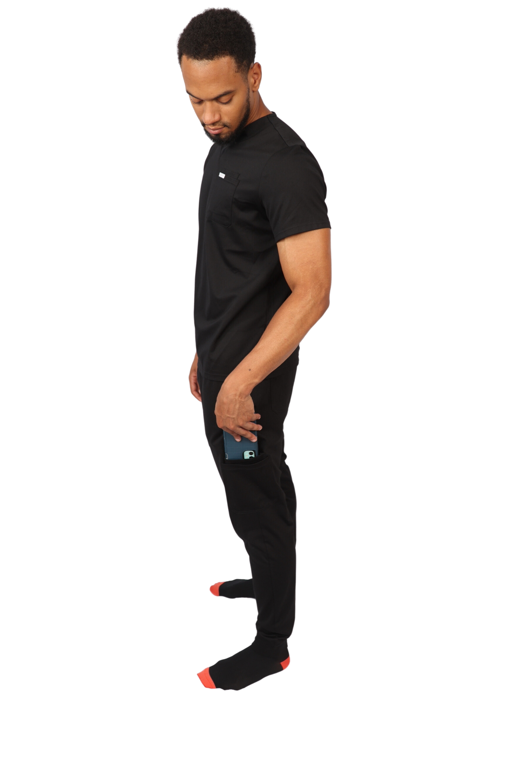 medical work uniform Scrubmates modern fit jogger black scrub pants for men made to pair perfectly with our modern fit scrub top. Our exclusive design is on trend, professional and stylish. Made from a superior quality nylon/rayon/spandex fabric mix, this set offers unparalleled all-day comfort and the ultimate amount of stretch. Our thoughtful and innovative design offers 8 deep pants pockets. best scrubs for men figs scrubs