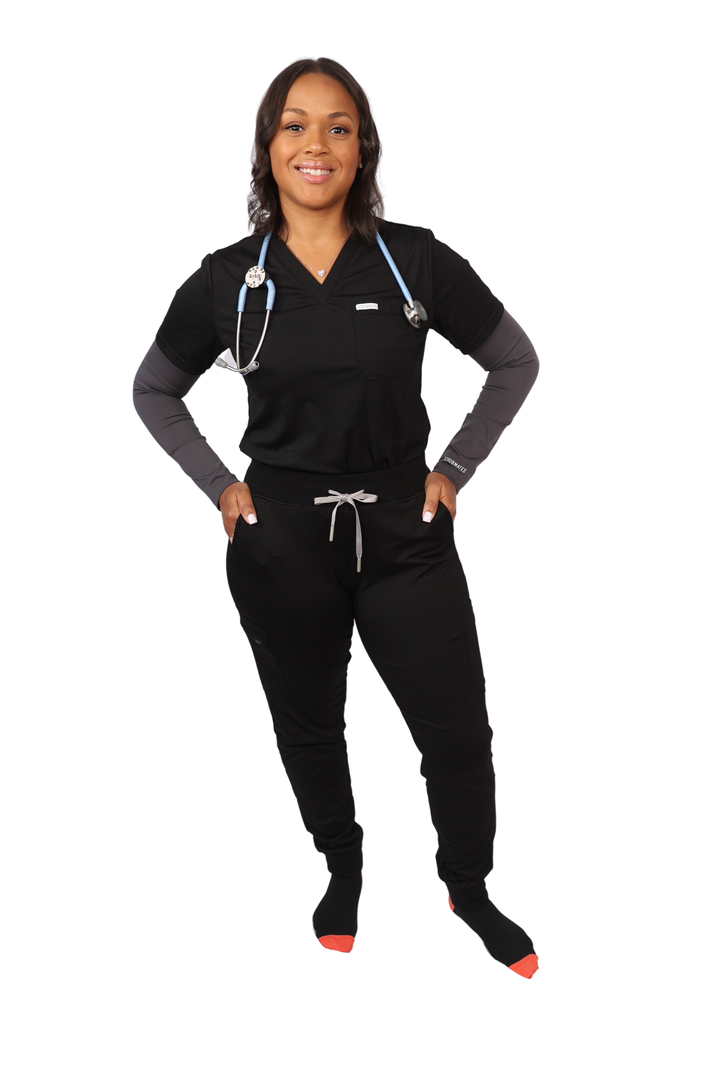 medical work uniform Scrubmates modern fit jogger black scrub pants for women made to pair perfectly with our modern fit jogger pants. Our exclusive design is on trend, professional and stylish. Made from a superior quality nylon/rayon/spandex fabric mix, this set offers unparalleled all-day comfort. Our luxe fabric blend offers the ultimate amount of stretch, and is designed to be flattering at every angle innovative design offers a chest pocket and 2 kangaroo pockets best scrub set for women figs scrubs