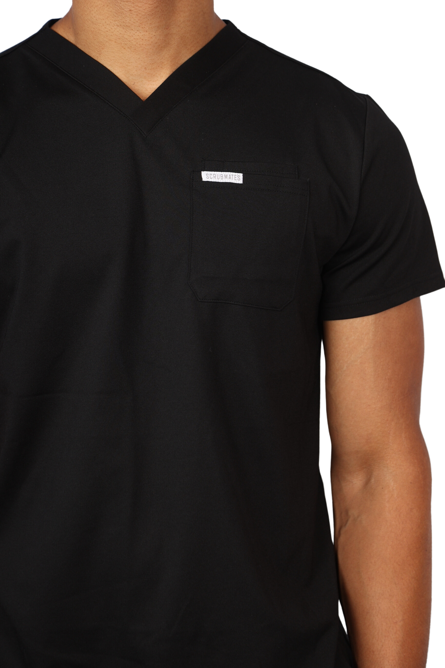 medical work uniform Scrubmates modern fit black scrub top for men made to pair perfectly with our modern fit jogger pants. Our exclusive design is on trend, professional and stylish. Made from a superior quality nylon/rayon/spandex fabric mix, this top offers unparalleled all-day comfort and the ultimate amount of stretch. Our thoughtful and innovative design offers 2 chest pockets and a pen pocket best scrubs for men figs scrubs