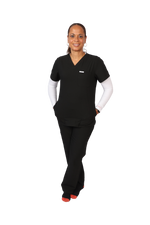 Elevate your work collection with the Scrubmates classic black scrub top for women made to pair perfectly with our classic straight leg pants.  Our exclusive design is trend-forward while still delivering timeless and professional style. Made from a superior quality polyester/rayon/spandex fabric mix, this top offers unparalleled all-day comfort. Our thoughtful and innovative design offers a chest pocket and 2 kangaroo pockets best scrubs for women figs scrubs