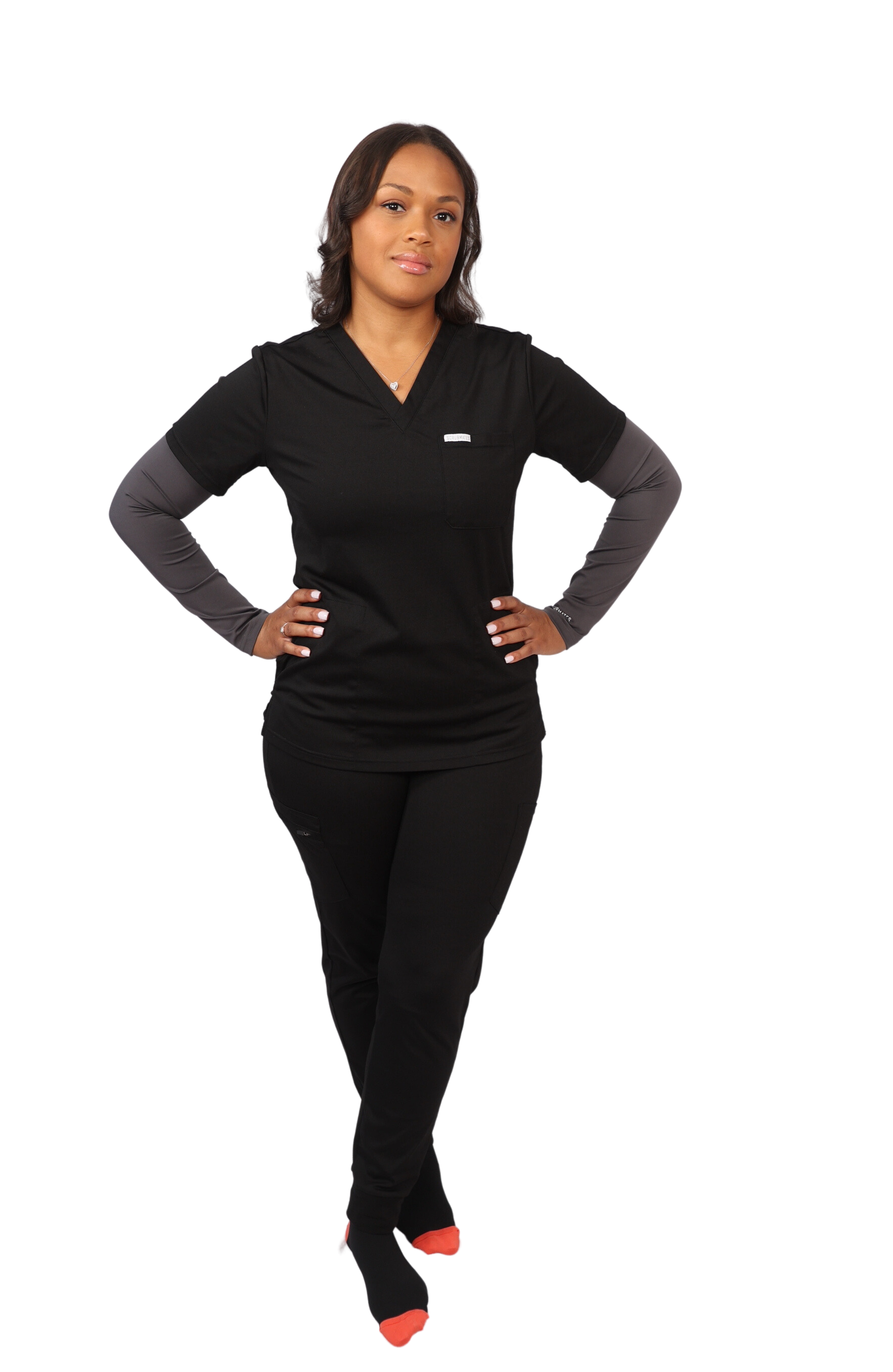 medical work uniform stretchy comfy Scrubmates modern fit jogger black scrub pants for women made to pair perfectly with our modern fit top. Our exclusive design is on trend, professional and stylish. Made from a superior quality nylon/rayon/spandex fabric mix, these pants offer unparalleled all-day comfort. Our luxe fabric blend offers the ultimate amount of stretch, and is designed to be flattering at every angle innovative design offers six deep pants pockets best scrubs for women figs scrubs