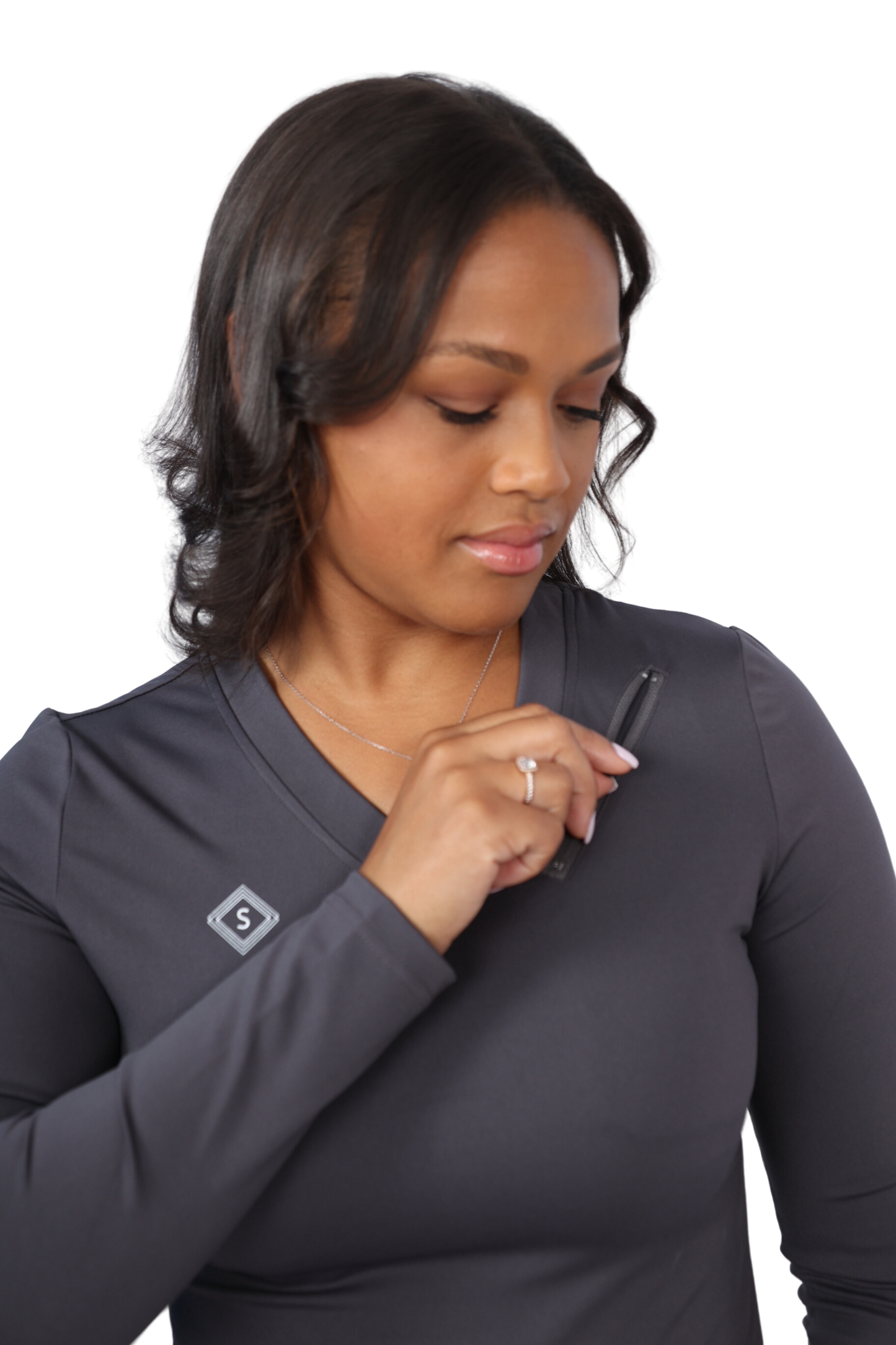 Scrubmates Long Sleeve Under Scrub V-Neck Shirt for Women with Zippered Chest Pocket