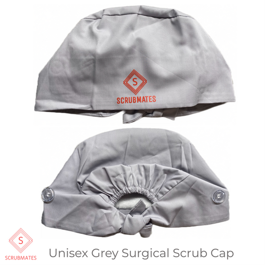 Scrubmates unisex logo scrub hat for men and women with modern, classic fit and sweat band with adjustable tieback. Made to protect your hair as well as provide all day comfort grey